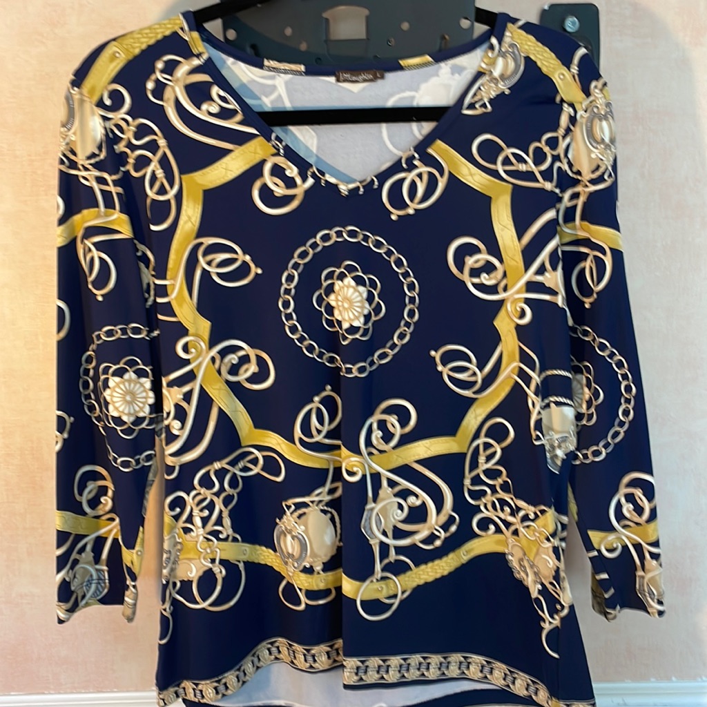J Mclaughlin Catalina Top, Navy Blue And Gold Size Large In Excellent Condition